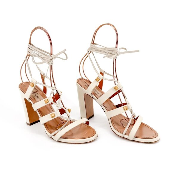 Valentino Garavani Rockstud White Lace Up Gladiator Sandals Heels Size 38 US 8 - Picture 1 of 16